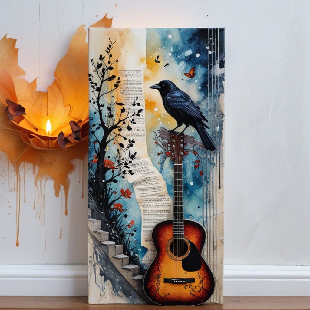 Surreal Whimsical Raven Plays Guitar on Bridge