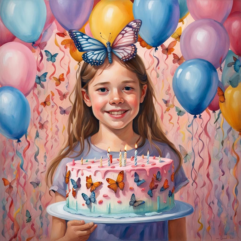 Girl and Butterfly Cake, Gouache Watercolor Painting