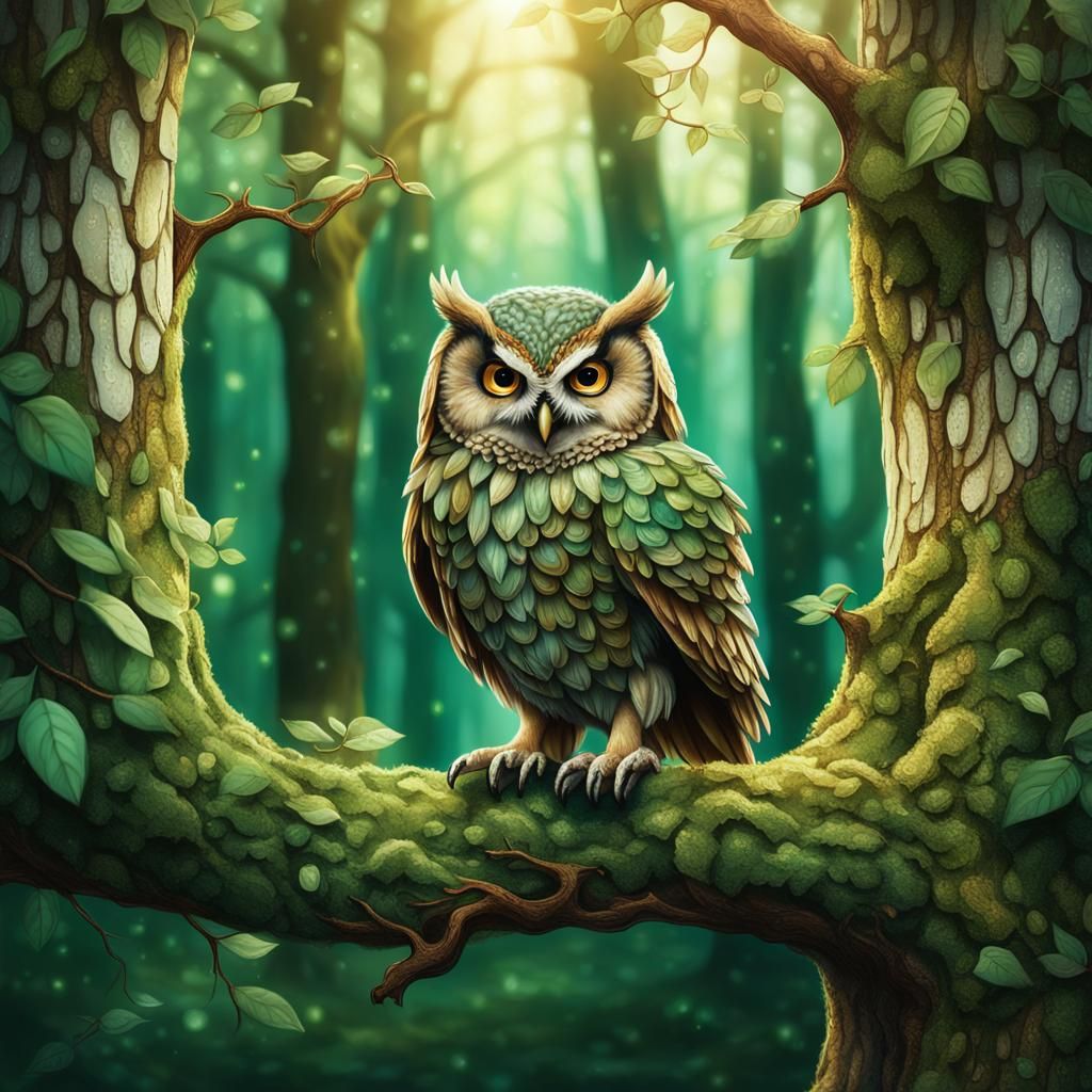 Miniature Owl in Mystical Forest Illustration