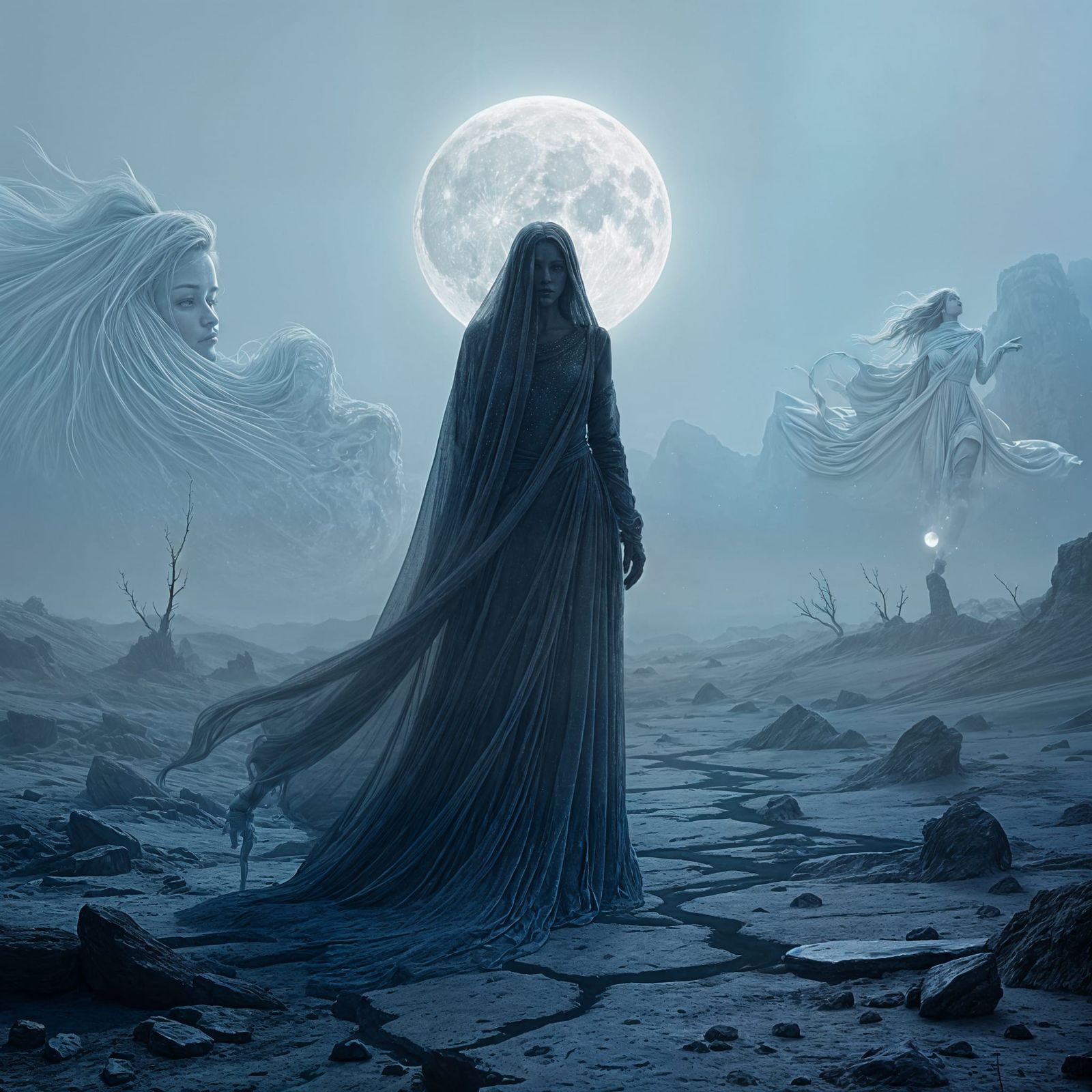 Spectral Woman Drifting Through Desolate Moonlit Landscape