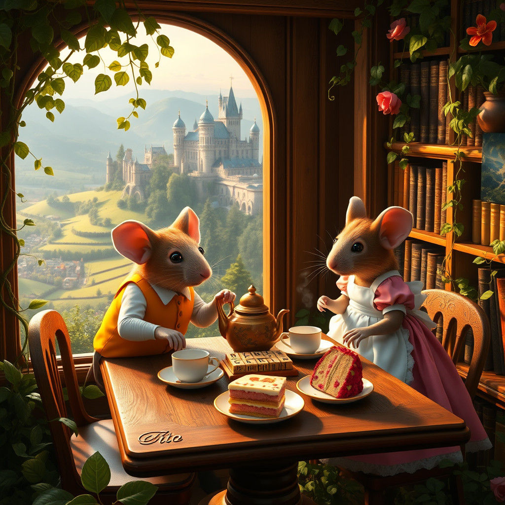 Mice Playing Scrabble in Cosy Library, Lush Greenery