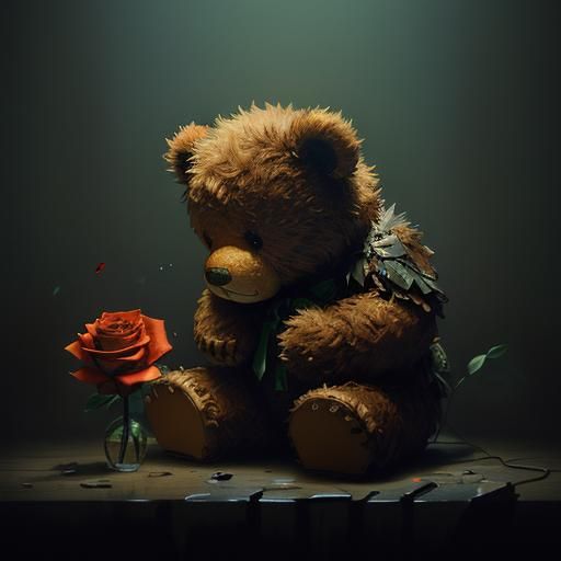 Sad Teddy Bear with Rose, Digital Art
