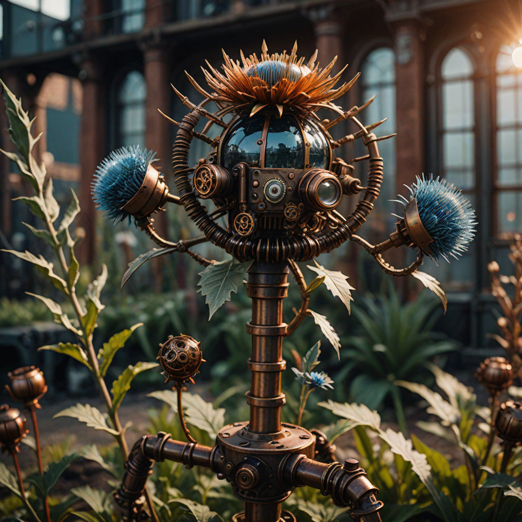 Steampunk Botanical Masterpiece: Intricate Mechanical Thistl...