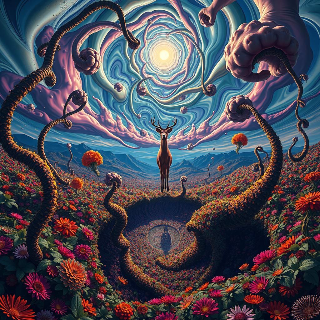 Surreal Deer in Distorted Landscape, Detailed Matte Painting