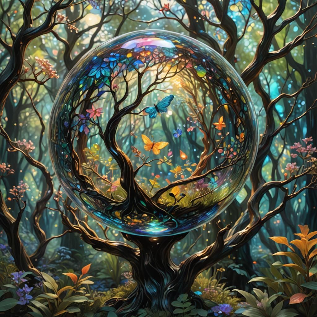 Glass Sphere in Luminous Forest: Van Gogh-Inspired
