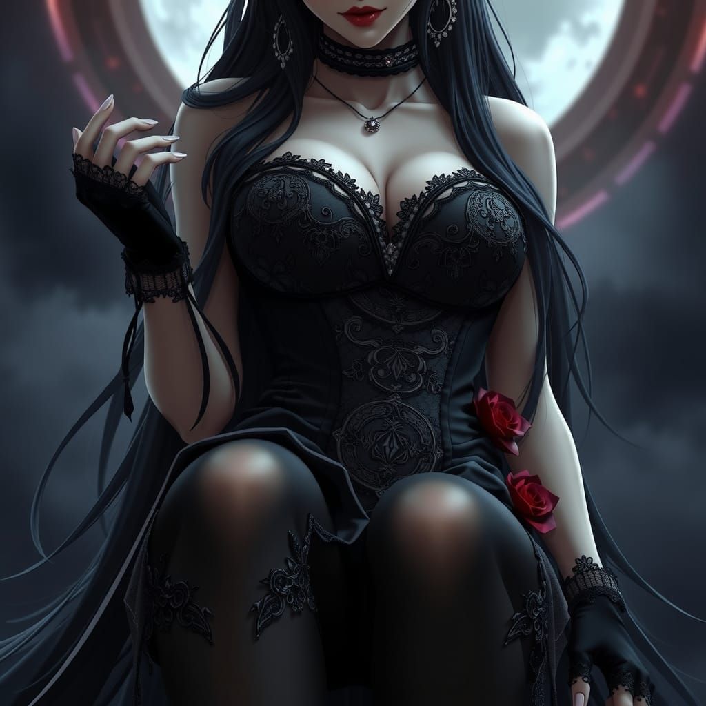 Elegant Vampire Lady in Black Lace, Anime Aesthetic