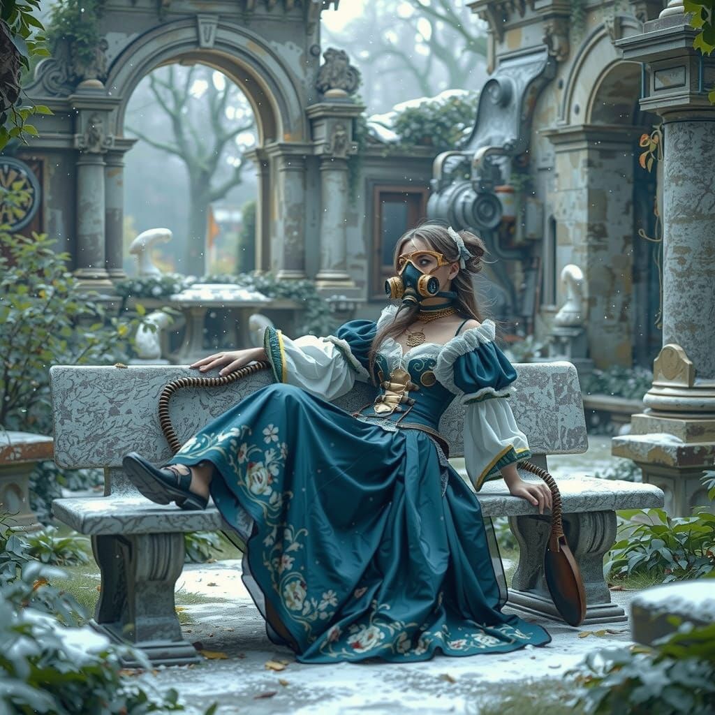 Woman in Solarpunk Dress in Snowy Ruins