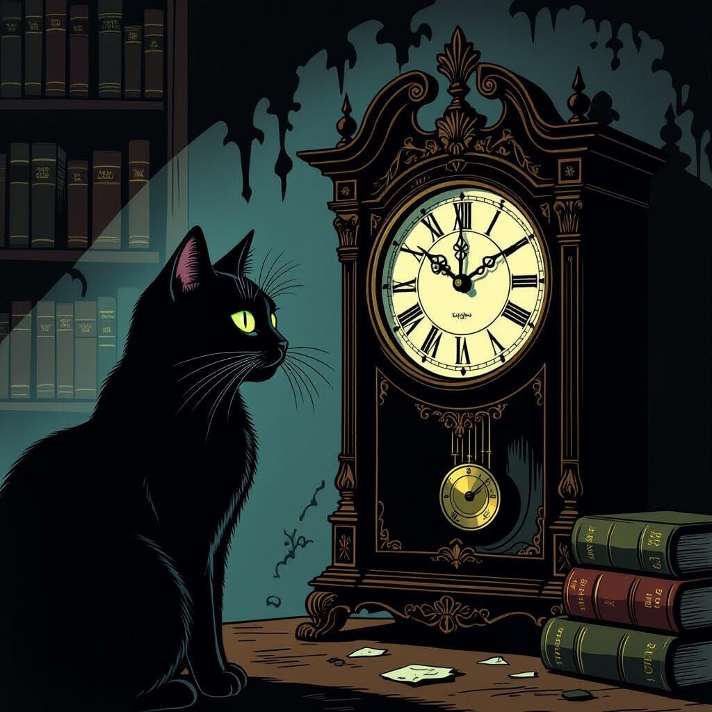 Black Cat Eyes Grandfather Clock in Shadowy Study