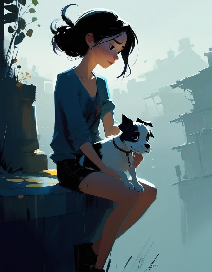 Girl and Puppy: Expressive Modern Illustration