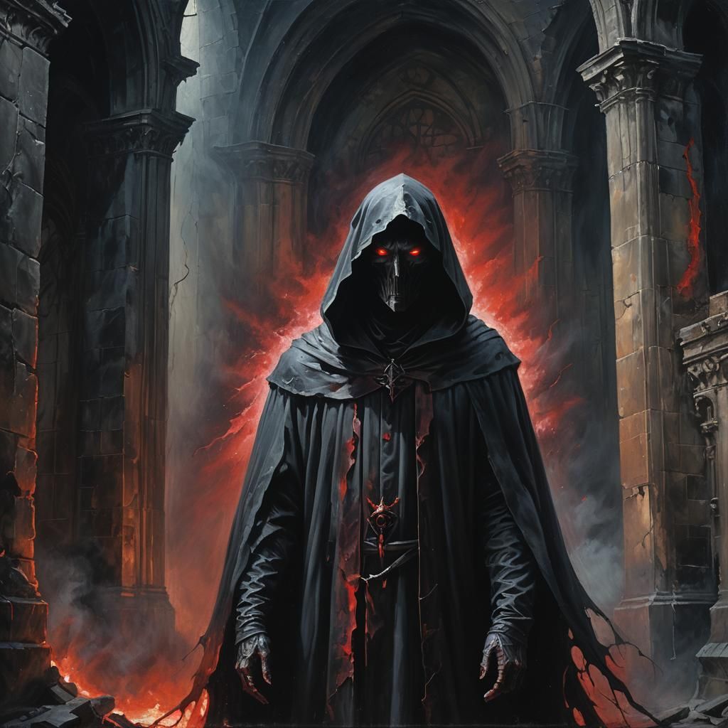 Ominous Figure in Dark Cathedral as Oil Painting