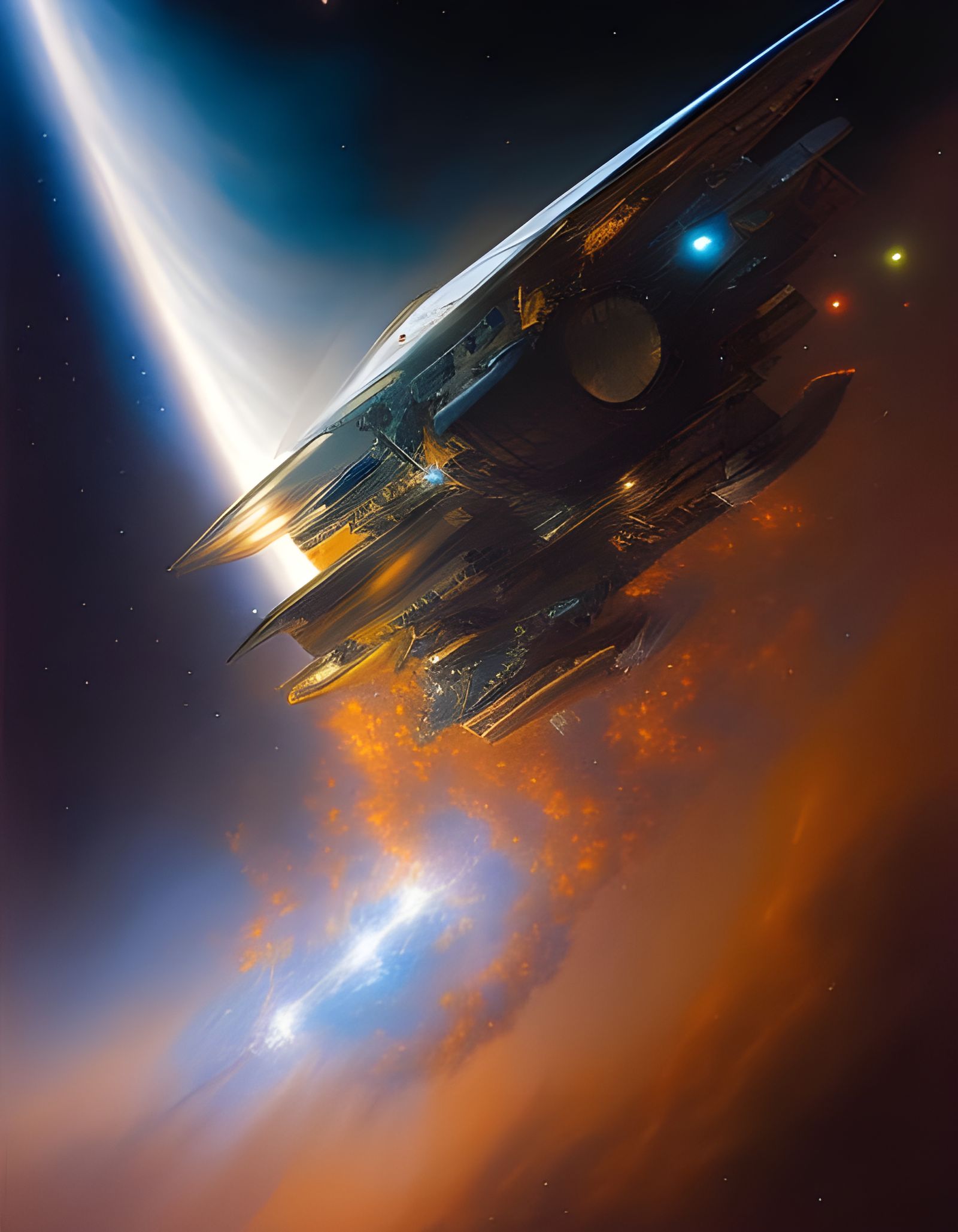 Spaceship Entering Star Nursery in Splash Art Style