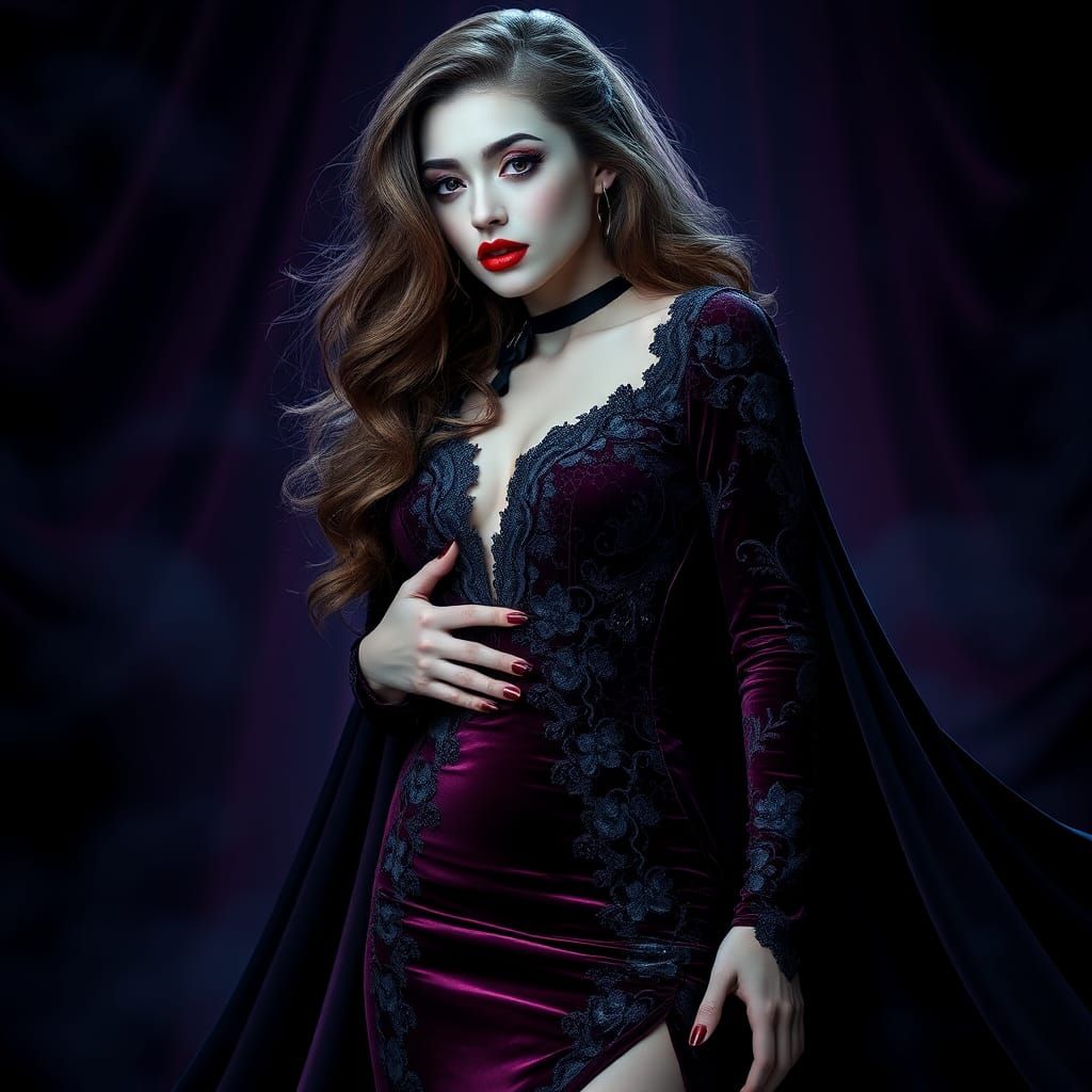 Elegant Vampire in Gothic Velvet Gown