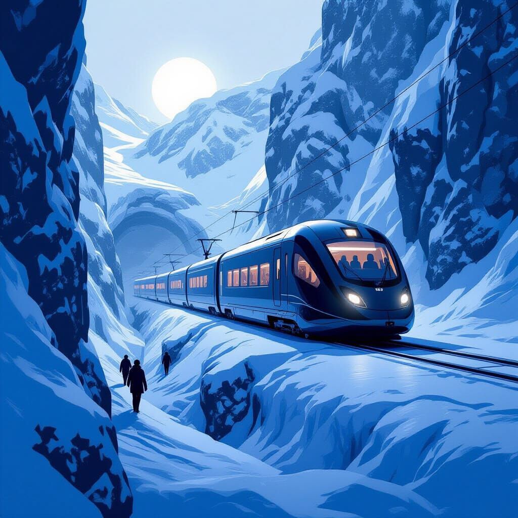Futuristic Maglev Train in Snowy Canyon, Minimalist Sci-Fi A...