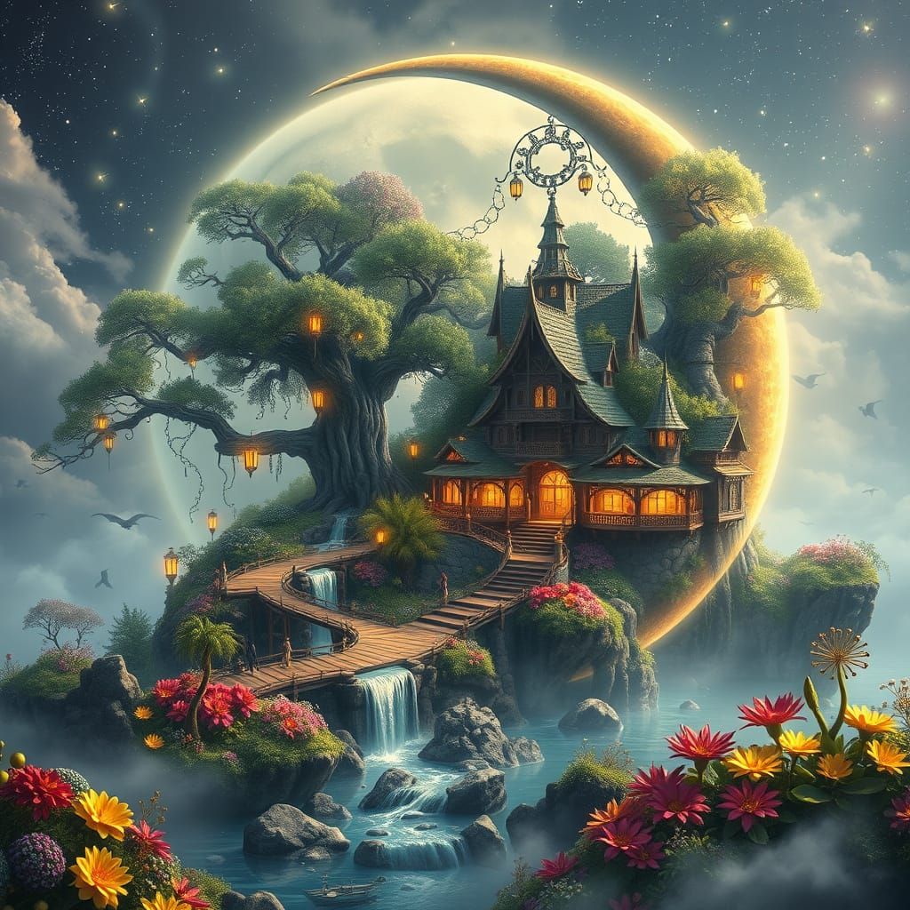 Dreamy Crescent Moon Village in Ethereal Landscape