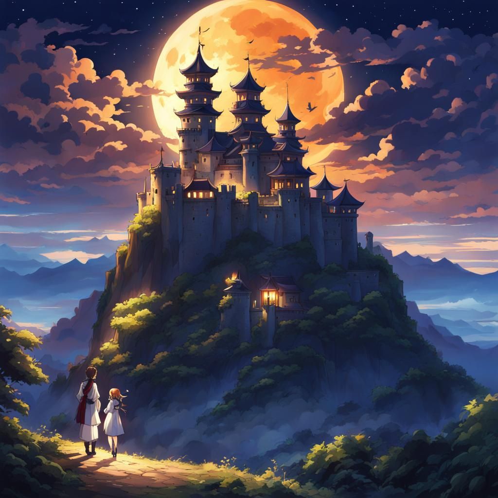 Phoenix Over Moonlight Castle in Anime Style