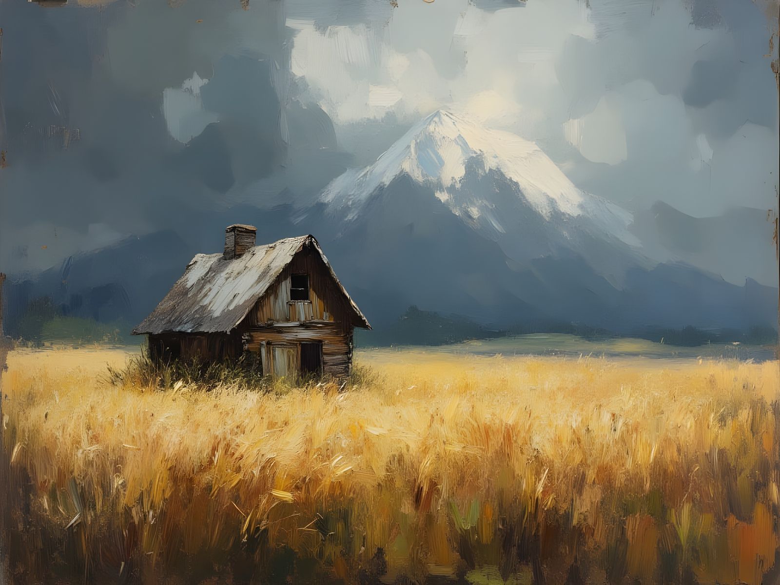 Weathered Cabin in Wheat Field, Impasto Painting