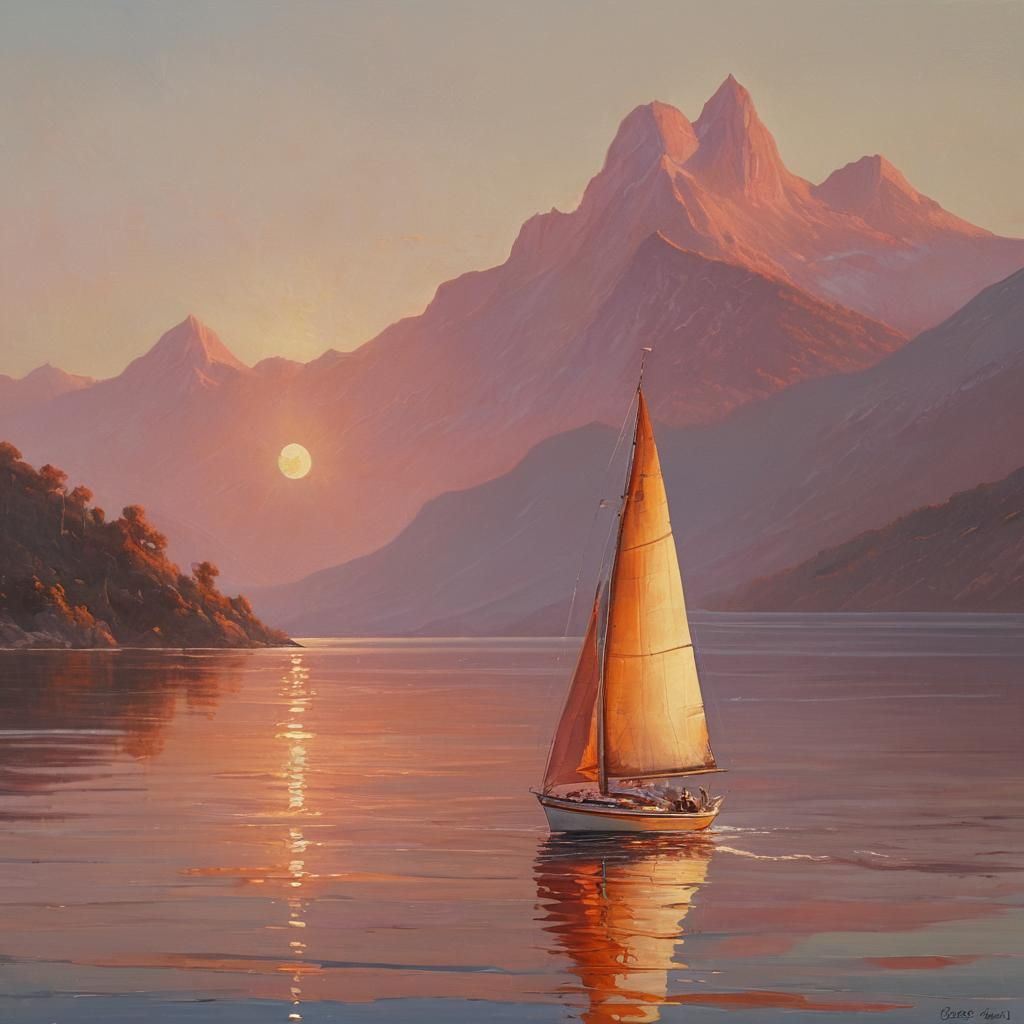 Sailboat at Sunset: Romantic Realism Oil Painting