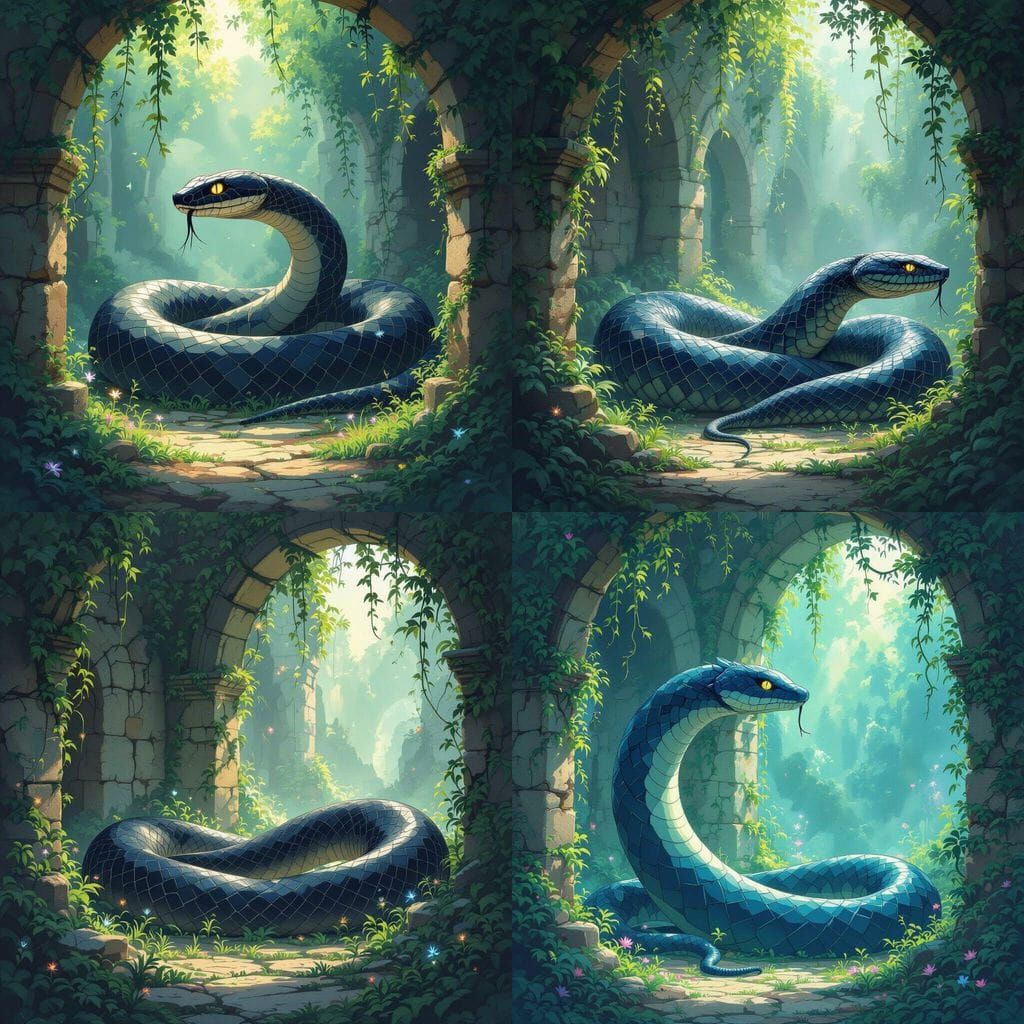 Massive Obsidian Snake in Sunlit Ruin