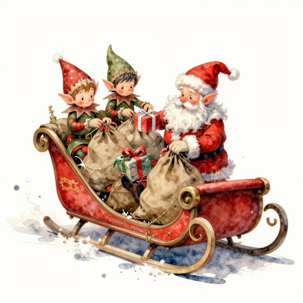 Christmas Elves Loading Santa's Sledge in Watercolour Style