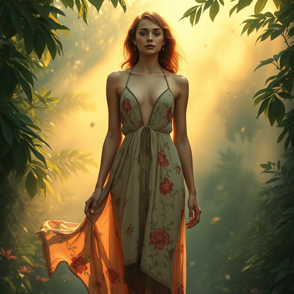 Elegant Bare-Chested Woman in Art Nouveau Style