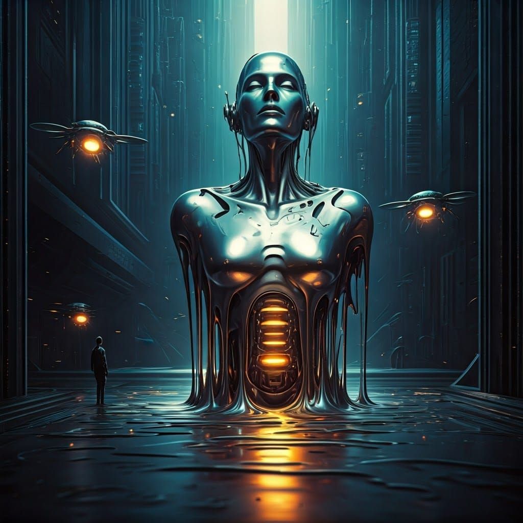 Melting Robot in Chrome Cityscape: Futuristic Sci-Fi