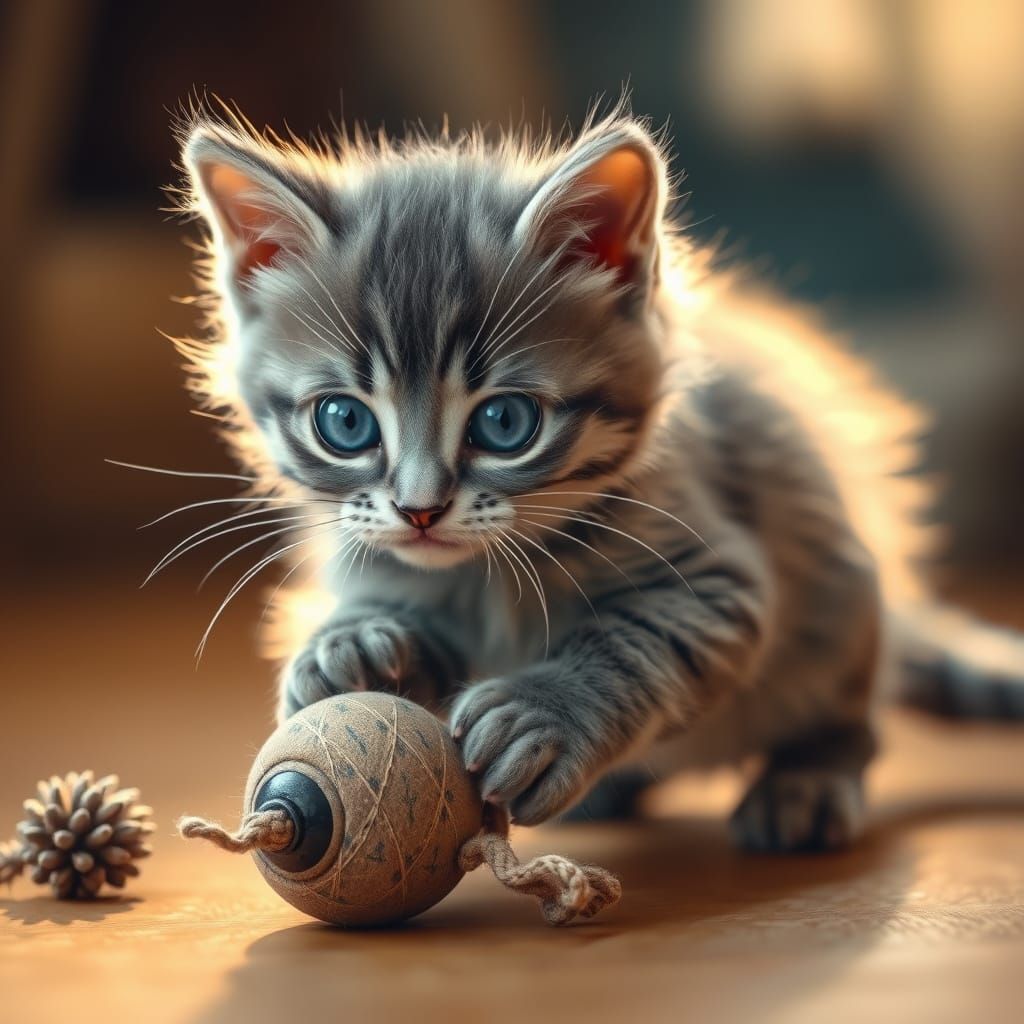 Whimsical Grey Kitten in Watercolor Style