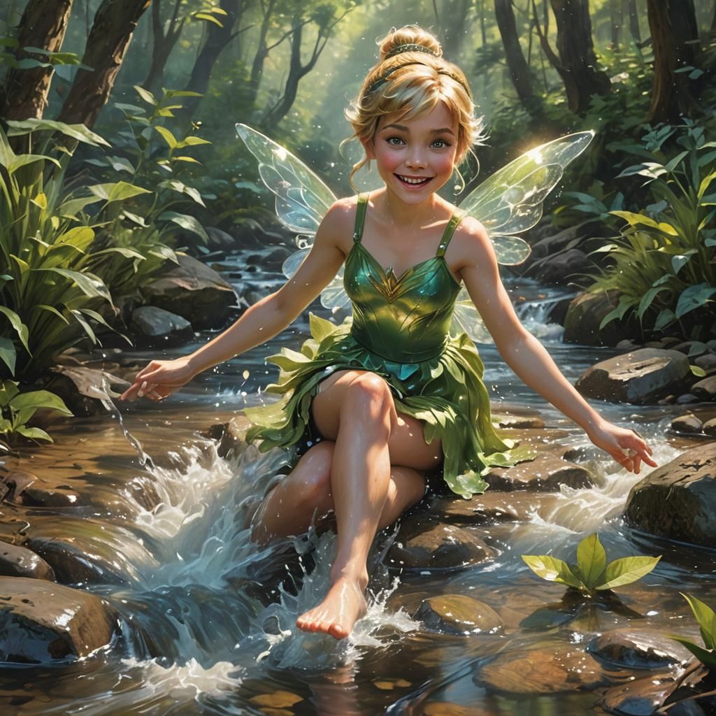 Tinkerbell Splashing in Forest Stream, Impressionist Concept...