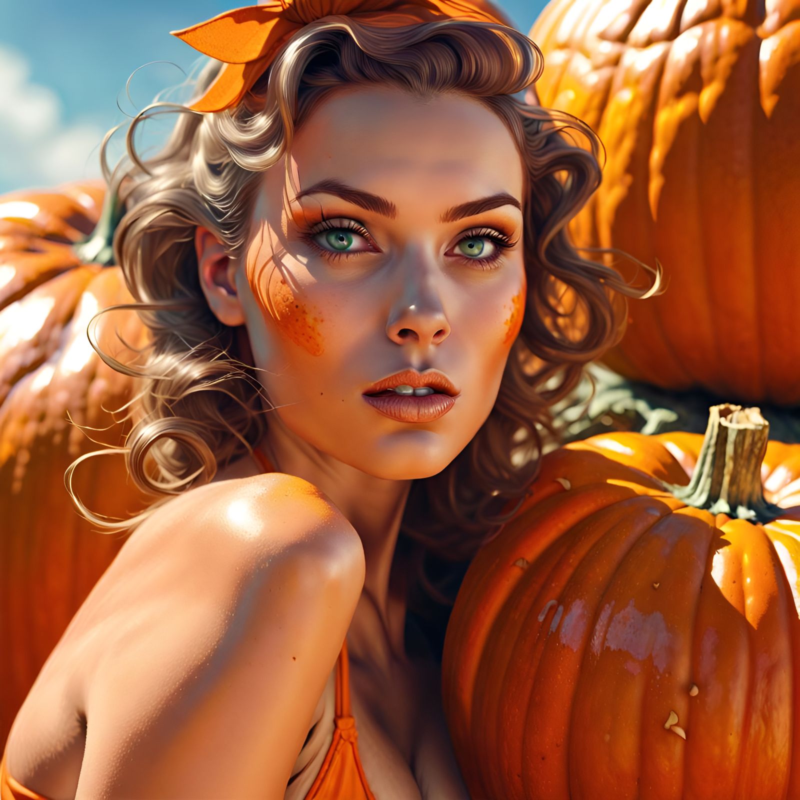 Pumpkin Bikini Woman: Pin-Up Digital Illustration
