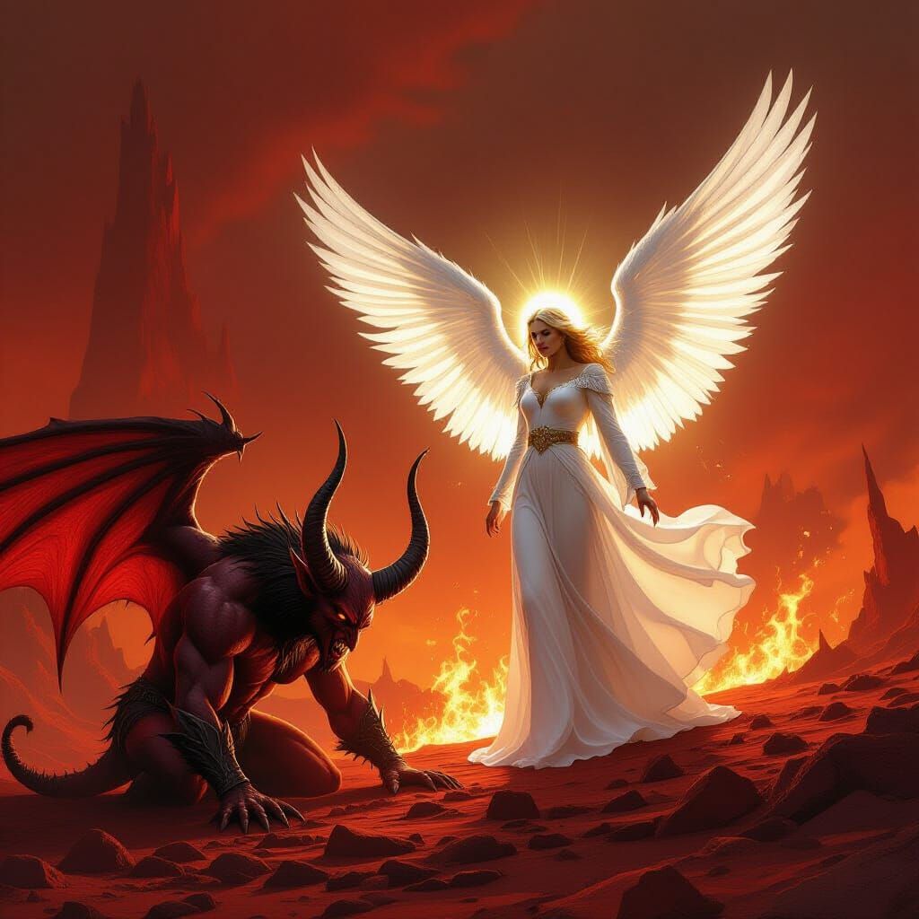 Triumphant Angel Over Defeated Devil in Hell