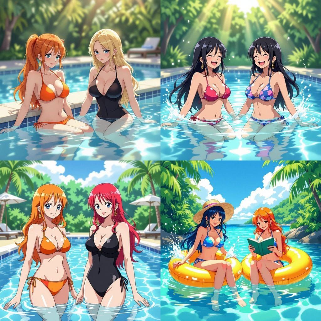 Nami and Robin from One Piece in Swimsuits at the Pool