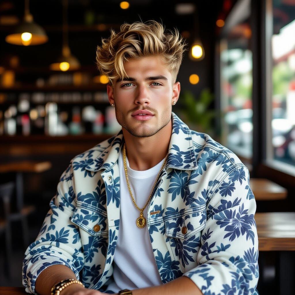 Cute Blond Male Model in Trendy Cafe Outfit