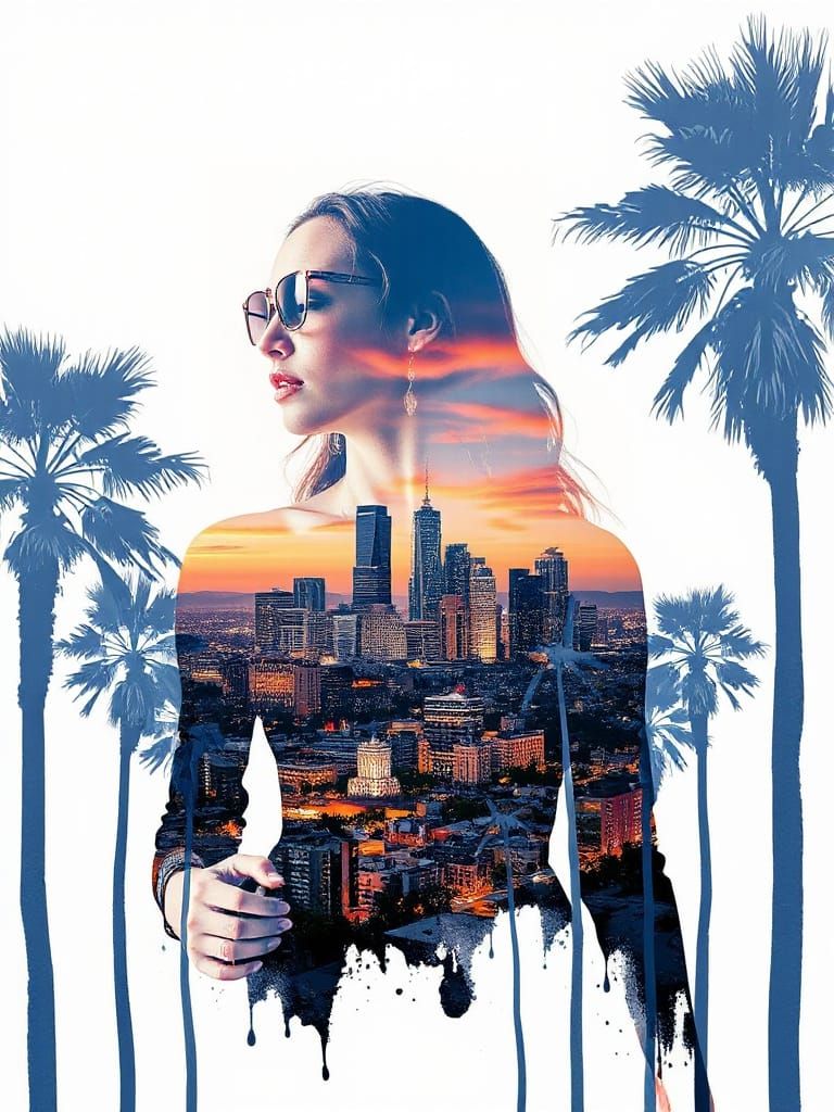 Stunning Woman Embracing Vibrant City Energy in Double Expos...