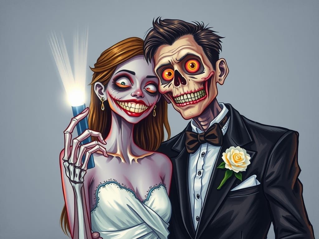 Zombie Couple Prom Photo in Vibrant Crayon Art Style