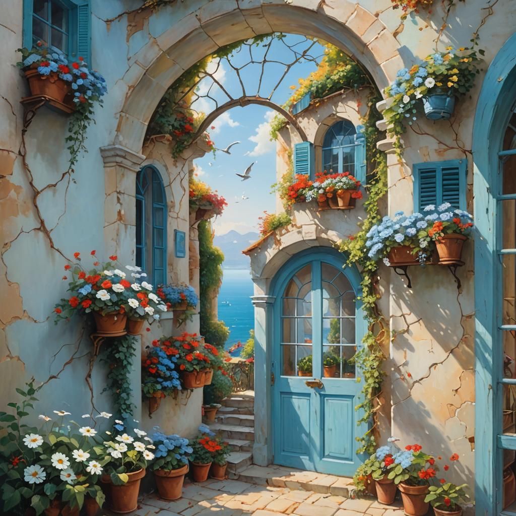 Seaside Balcony View Through Arch, Ethereal Oil Painting