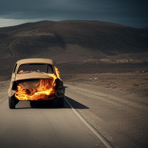 Apocalyptic Wasteland: Car Engulfed in Flames