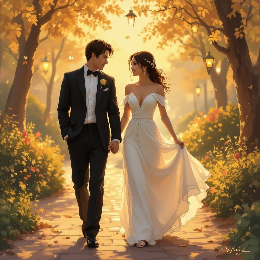 Romantic Couple Walking in Golden Light, Luminism Style