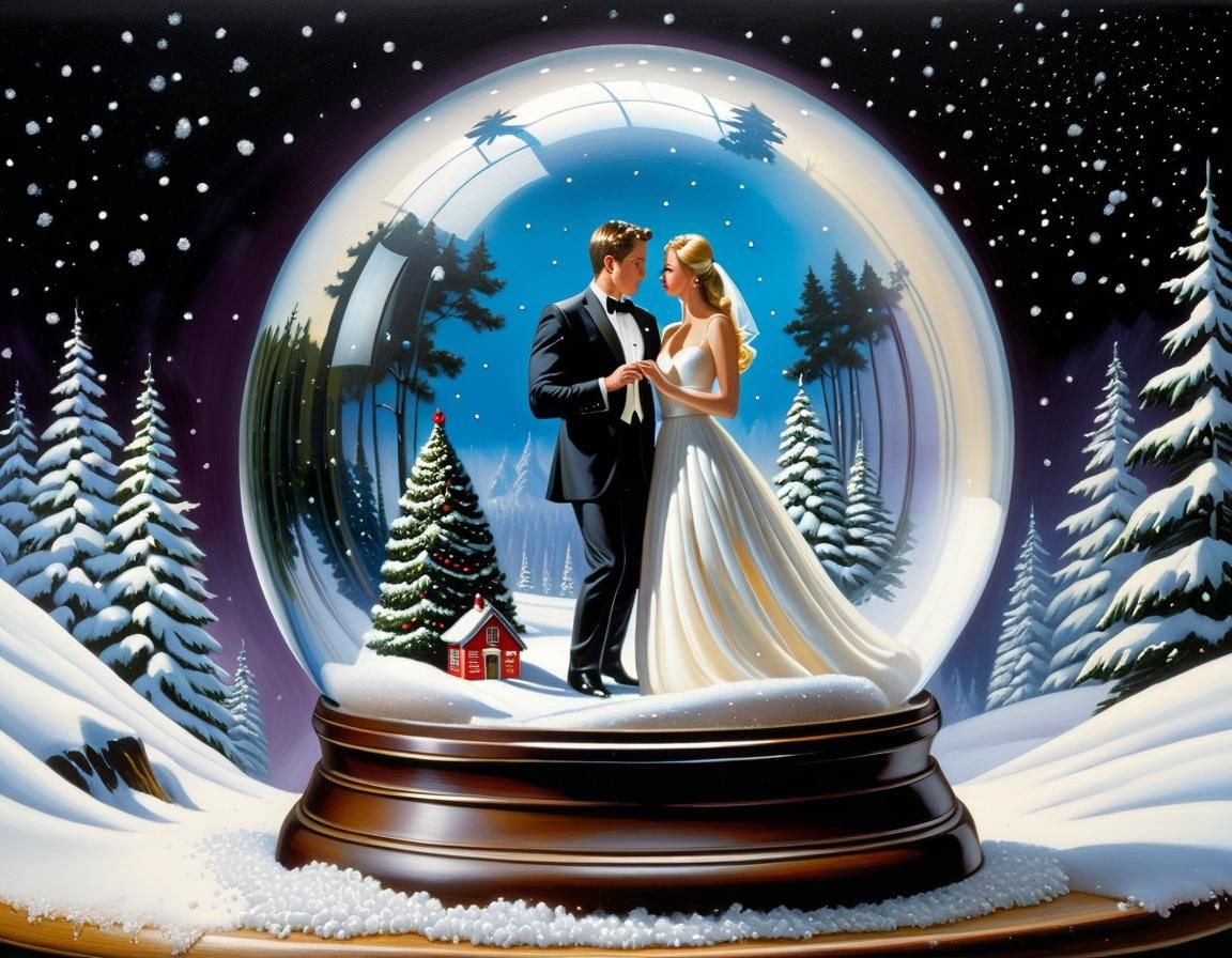 Newly Weds Stroll in Snow Globe, Comic Book Art