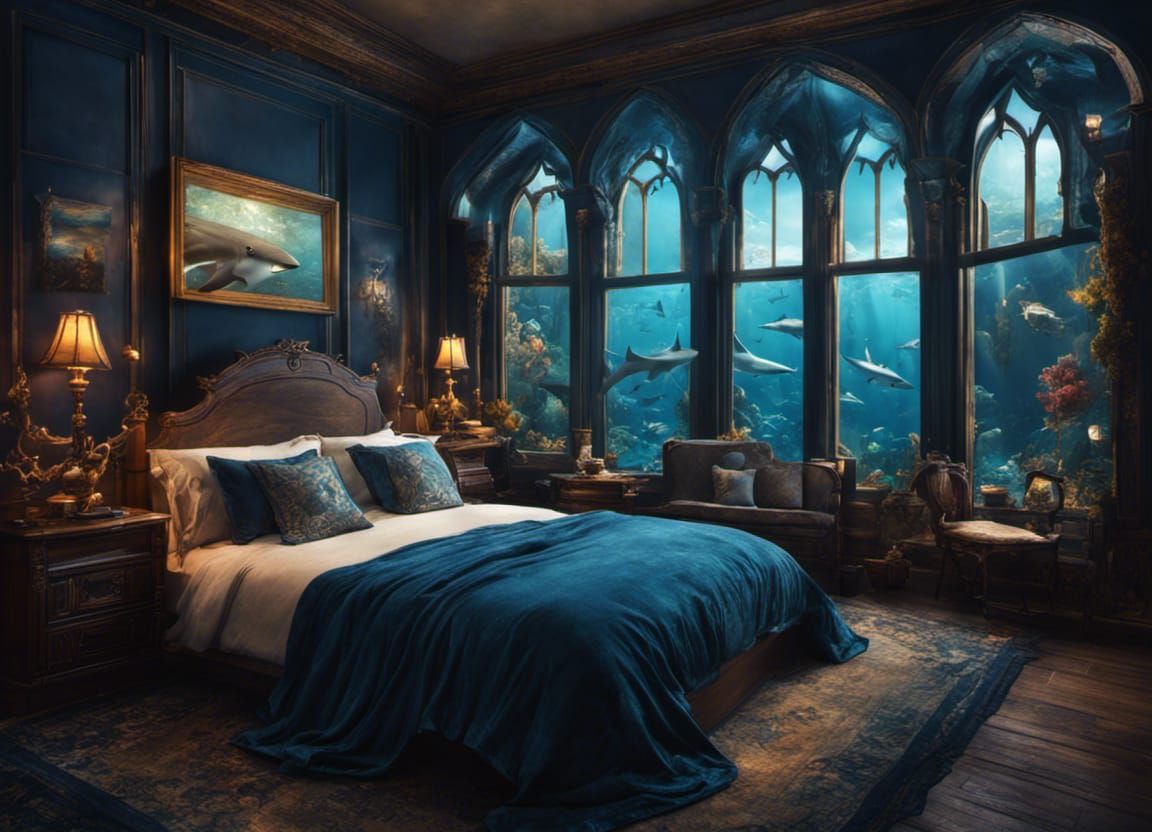 Underwater Bedroom with Sharks: Fantasy Concept Art