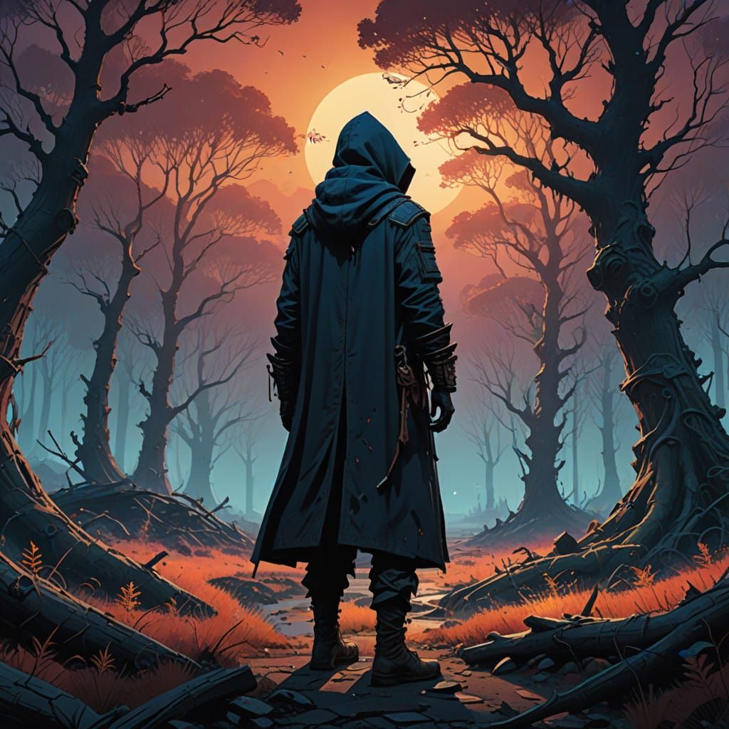 Mysterious Hero Stands at Forest's Edge in a Rich, Dreamlike...