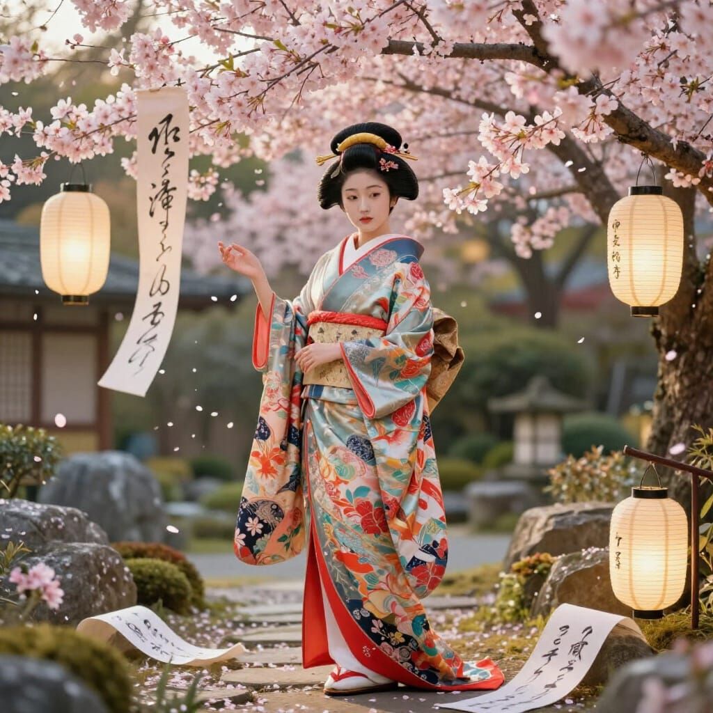 Whimsical Geisha in Serene Japanese Garden
