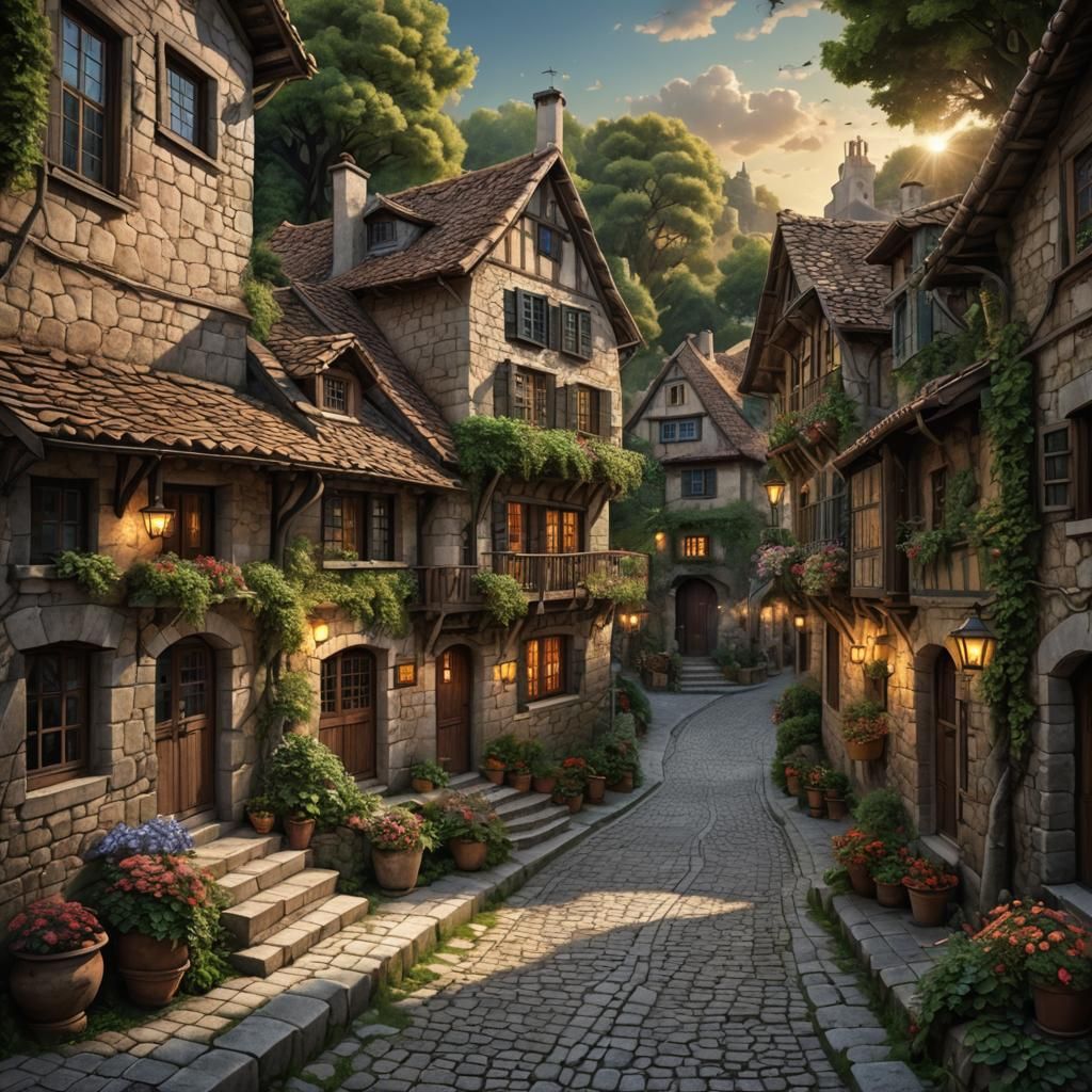 Charming Old Village with Rustic Houses in Detailed Matte Pa...