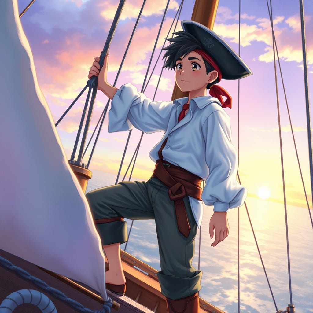 Heroic Young Pirate Stands Tall on Majestic Frigate