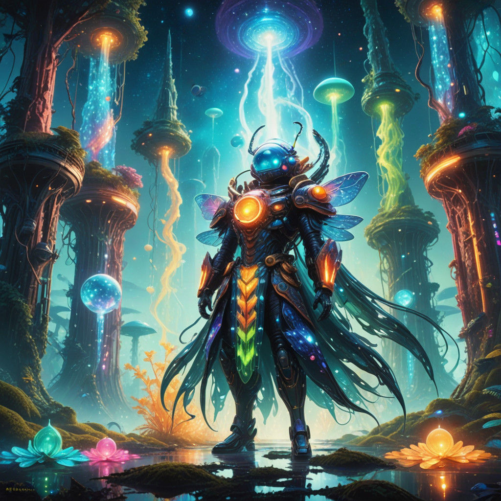 Glowing Insect Aliens in a Vibrant Biopunk Landscape