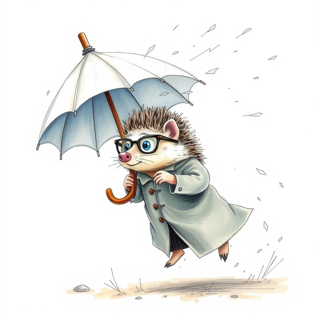 Hedgehog's Chaotic Umbrella Ride in Whimsical Watercolour