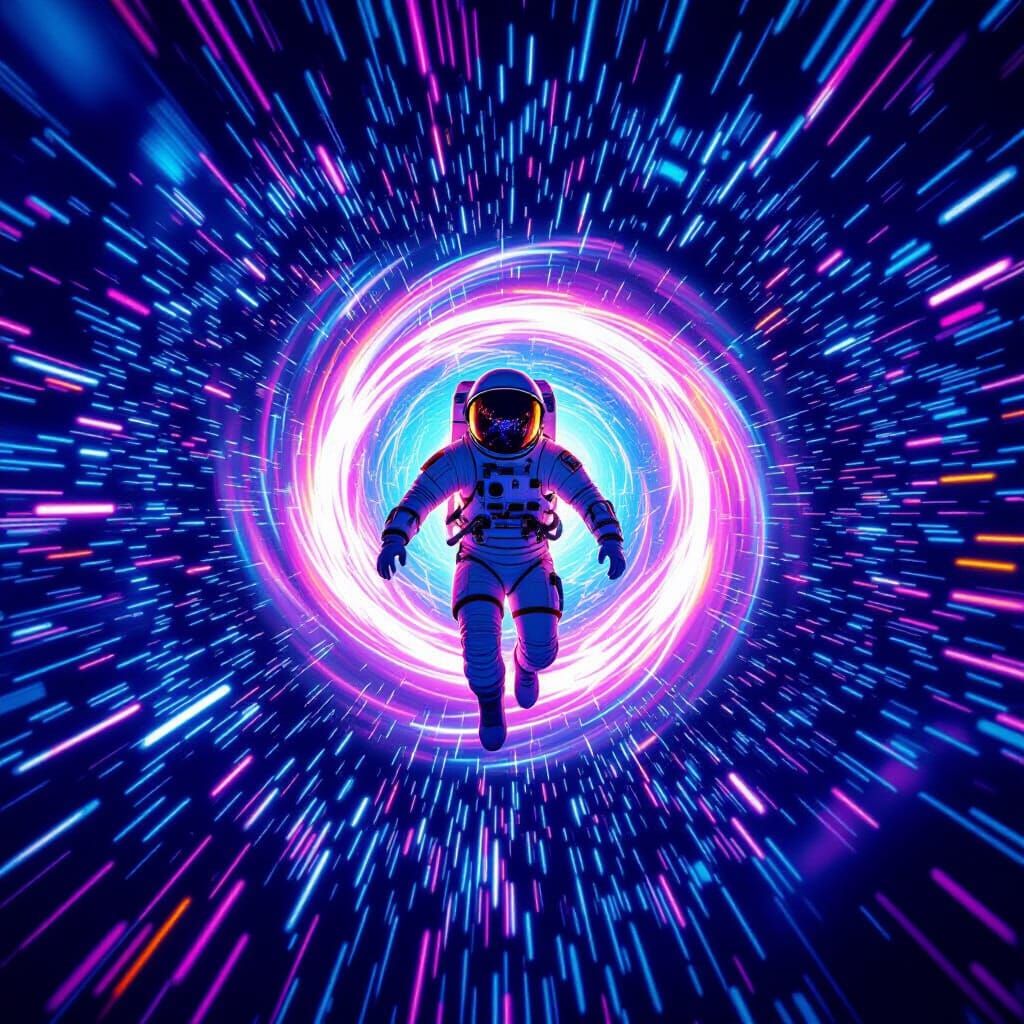 Astronaut Flies Through Colorful Wormhole in Space