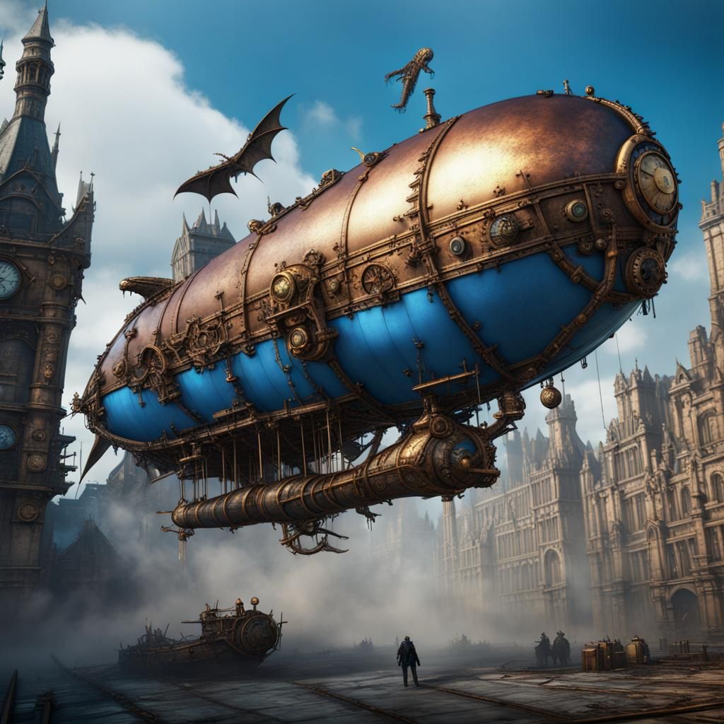 Steampunk Blimp Under Dragon Attack in Apocalyptic World
