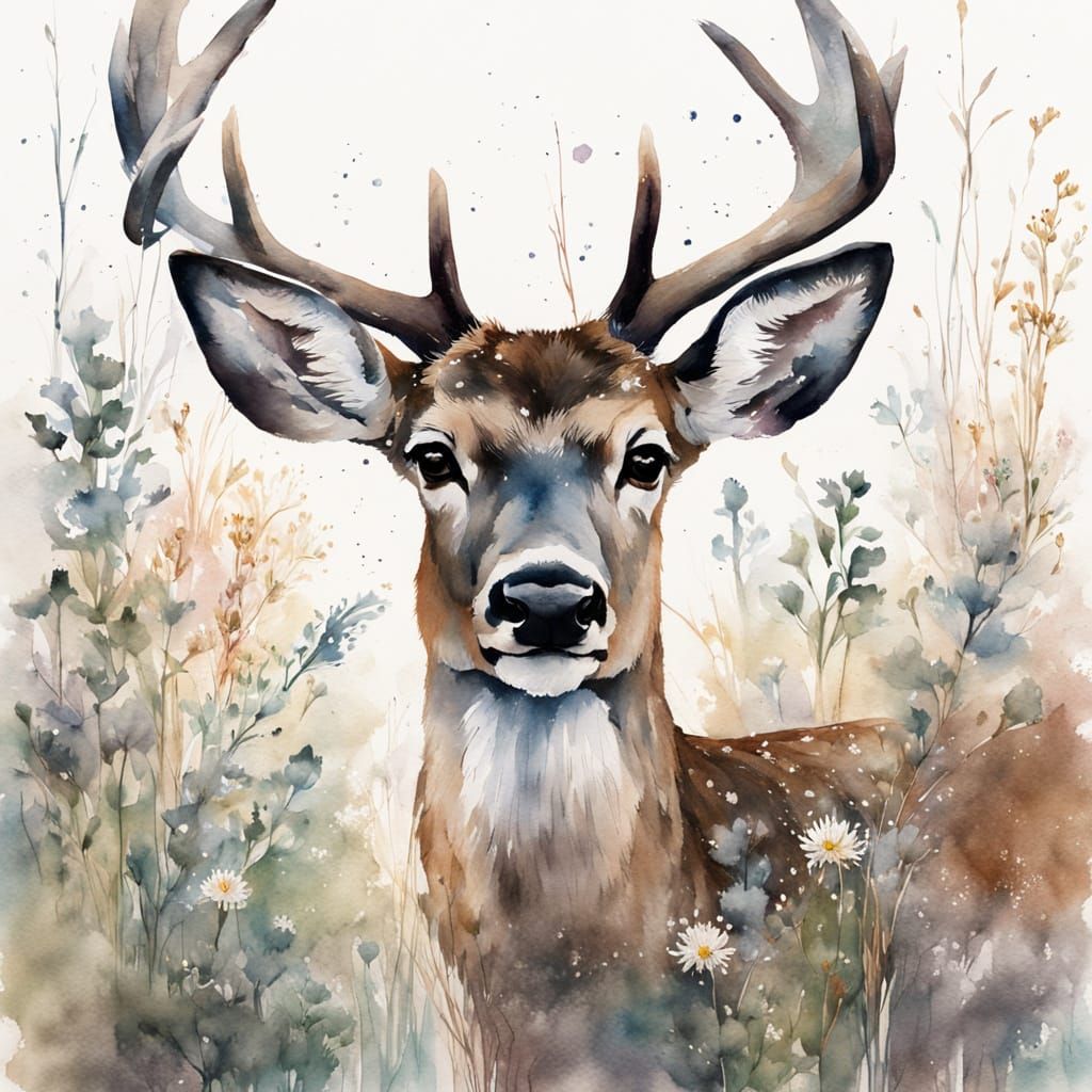 Realistic Watercolor Deer in Snowy Winter Landscape