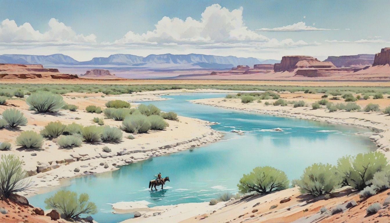 Comic Book Desert Cowboys Relax by River in Arizona