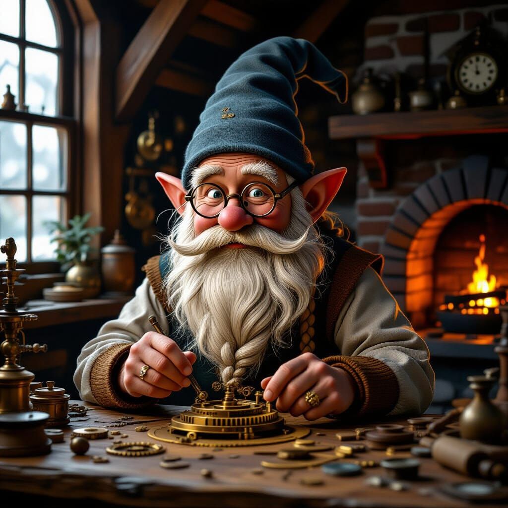 Gnome Crafts Clockwork in Workshop with Warm Lighting