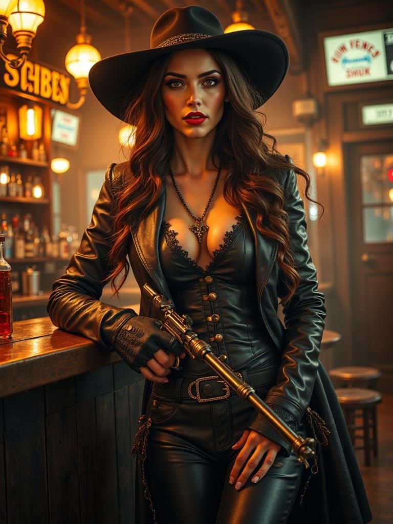 Elegant Wild West Gunslinger Lady in Gritty Saloon